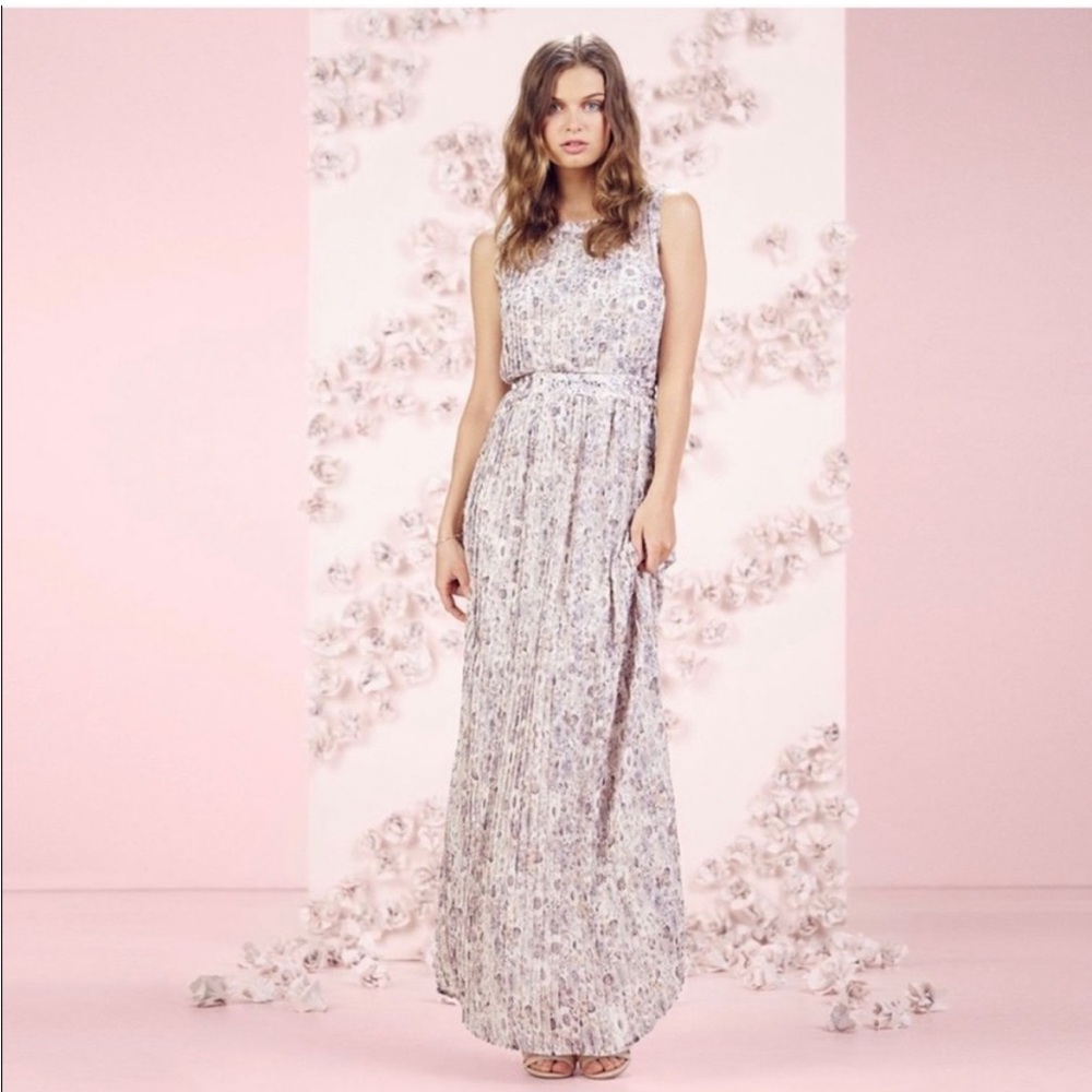 Gray Pleated Maxi Floral Dress Size 10